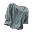 thumbnail image 1 of VEKDONE 3/4 Sleeve Linen Tshirts for Women Mexican Cropped Blouse Summer Button V-Neck Tunics Tops Solid Color Plus Size Thin Shirts Deals Of The Day, 1 of 5