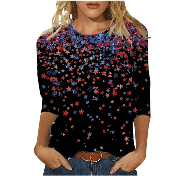 VEKDONE 4th of July 3/4 Sleeve American Flag T Shirt for Women Independence Day USA Shirts Trendy Patriotic Tees Graphic Tees Patriotic Tshirts Tunic Tops B Multicolor XXXL