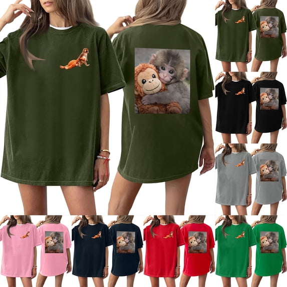 VEKDONE Baby Monkey Punch T-Shirt, Animal Lover Gift Blouse Cute Monkey T-Shirt, Team Punch Blouse Red(Graphic 4) L