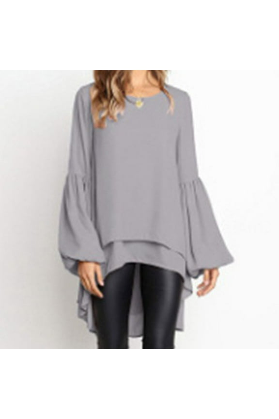 Back to School Drop Women's Long Sleeve Tunic Blouse Fall Casual Trumpet Sleeve Tunic Tops Double Layer Chiffon High Low Hem Shirts Gray,L