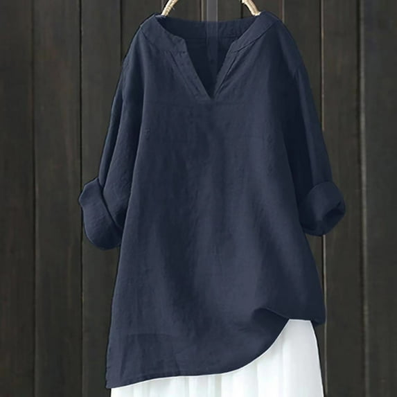 VEKDONE Back to School Drop Deals Loose Cotton And Linen Shirts for Women Henley V Neck 3/4 Long Sleeve Summer Shirts Blouse Navy,XXXL
