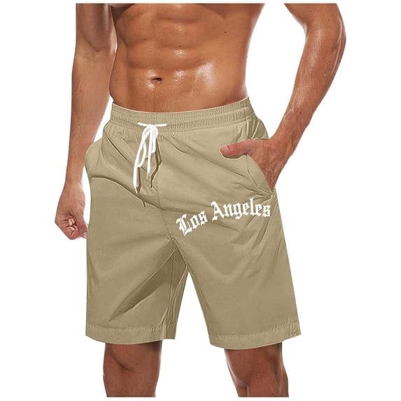 VEKDONE Big and Tall Beach Shorts for Man Summer Loose Fit Drawstring Lounge Shorts Letter Print Straight Leg Short Pants with Pockets Khaki XXL