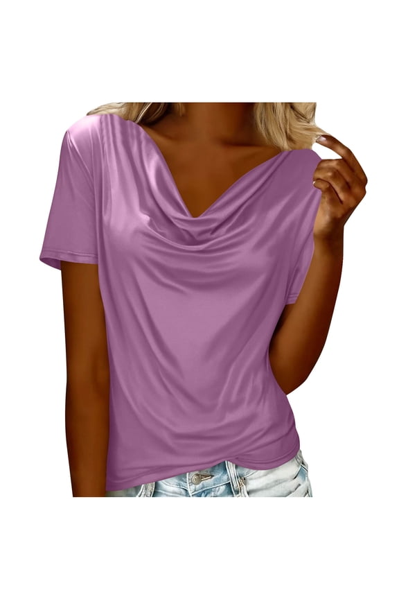 Blouses for Women Summer Dressy Short Sleeve Cowl Neck Tunic Tops Solid Color Loose Fit Pleated Shirts Milk Silk Soft Breathable Tshirts Purple L