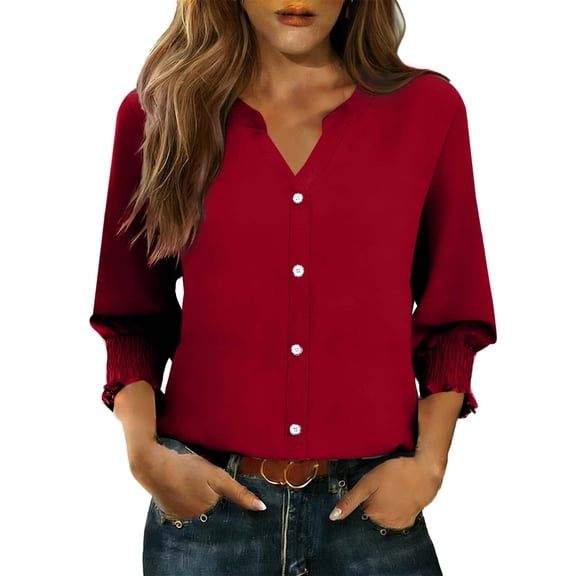 VEKDONE Blouses for Women Dressy Casual Ruffle 3/4 Sleeve Shirts Elastic Cuff Tunic Tops Elegant V Neck Button Down Shirt Work Office Wear Red M