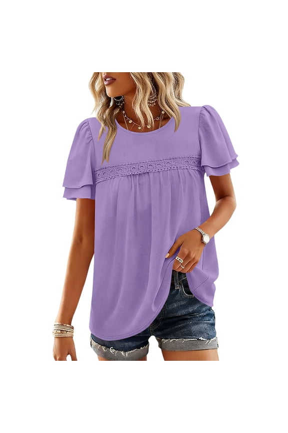 Blouses for Women Dressy Solid Color Peplum Babydoll Tops Ruffle Layered Short Sleeve Shirts Casual Loose Fit Flowy Pullover Top Purple M