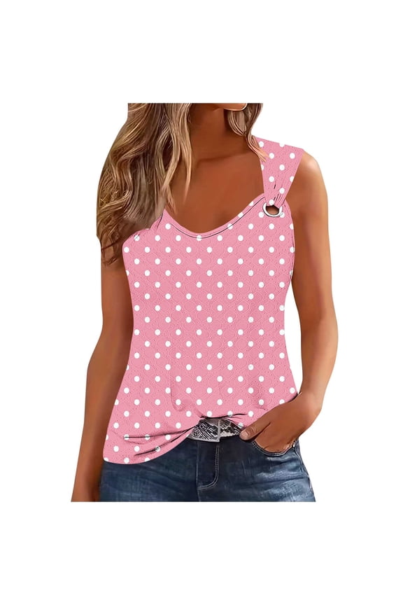 Boho Tank Tops for Women Polka Dot Print Sleeveless Cami Casual Loose Fit V Neck O Ring Shoulder Tanks Summer Lightweight Breathable Tunic Tops Pink M