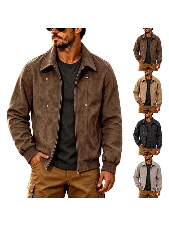Bomber Jacket Men Lapel Collar Zip Up Vintage Jackets Relaxed Fit Ribbed Knit And Hem Coat Fall Winter Trendy Outerwear For Urban Commuting Coffee,4XL