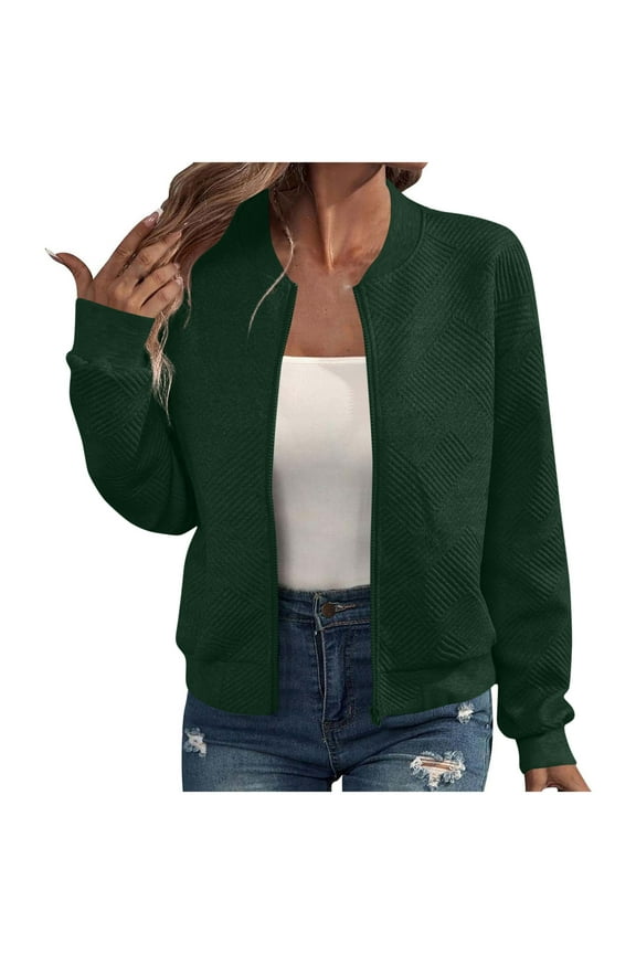 Bomber Jacket Women Textured Lightweight Zip Up Jackets Casual Mock Collar Zipper Coat Fall Fashion Outerwear Top