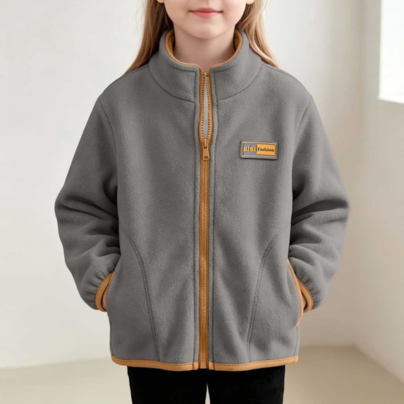 VEKDONE Boys Girls Fleece Jacket Full Zip Lightweight Warm Winter Coat Stand Collar Fall Casual Back to School Outerwear with Pockets Dark Gray,9-10Years