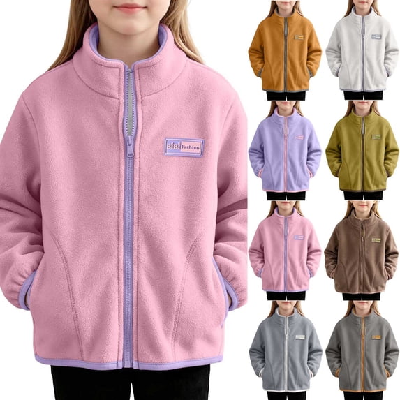 VEKDONE Boys Girls Fleece Jacket Full Zip Lightweight Warm Winter Coat Stand Collar Fall Casual Back to School Outerwear with Pockets Pink,5-6Years