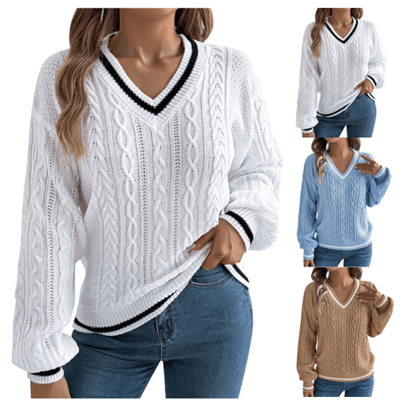 VEKDONE Cable Knit V Neck Sweater for Women Fall Winter Lantern Long Sleeve Warm Jumper Sweaters Solid Color Loose Fit Pullover Tops
