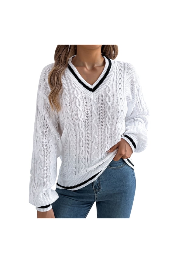 Cable Knit V Neck Sweater for Women Fall Winter Lantern Long Sleeve Warm Jumper Sweaters Solid Color Loose Fit Pullover Tops