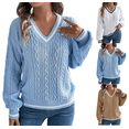 thumbnail image 1 of VEKDONE Cable Knit V Neck Sweater for Women Fall Winter Lantern Long Sleeve Warm Jumper Sweaters Solid Color Loose Fit Pullover Tops, 1 of 8
