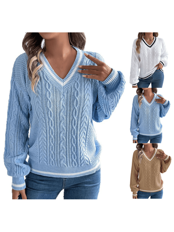 Cable Knit V Neck Sweater for Women Fall Winter Lantern Long Sleeve Warm Jumper Sweaters Solid Color Loose Fit Pullover Tops