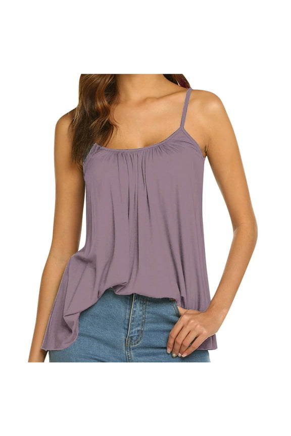Camisole for Women Summer Sleeveless Scoop Neck Spaghetti Straps Tank Tops Solid Color Pleated Flowy Tanks Casual Baggy Lightweight Beach Vests Purple Medium