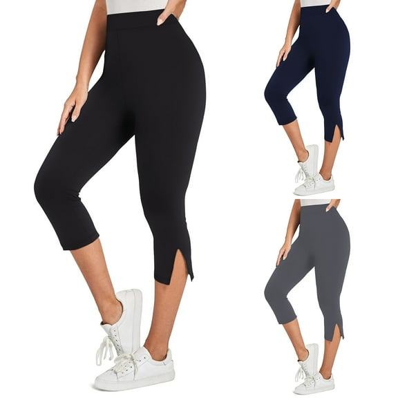 VEKDONE Capri Leggings for Women Elastic High Waisted Yoga Pants with Pockets Slim Fit Soft Workout Athletic Tights Stretchy Side Split Milk Silk Legging