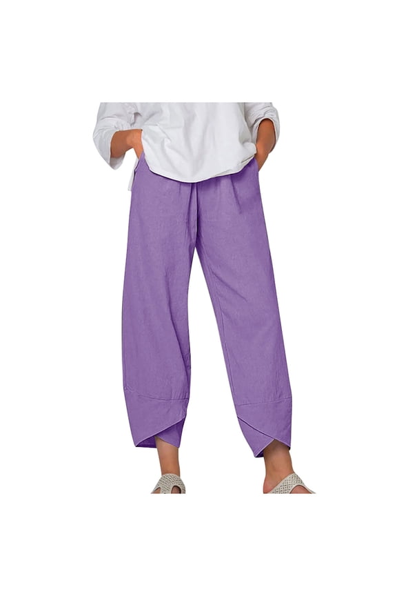 Capri Pants for Women Casual Summer Lightweight Cotton Linen Pants Loose Fit Tulip Hem Trendy Capris with Pockets Sales of Today Purple XL