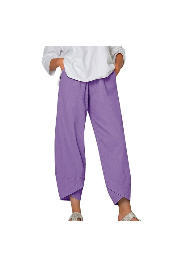Capri Pants for Women Casual Summer Lightweight Cotton Linen Pants Loose Fit Tulip Hem Trendy Capris with Pockets Sales of Today Purple XXL