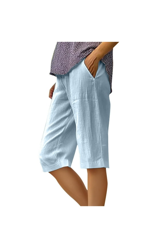Capri Pants for Women High Waisted Wide Leg Cropped Linen Pants Casual Boho Beach Palazzo Pant with Pockets Blue Large