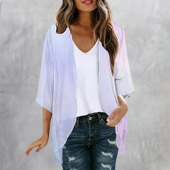 VEKDONE Cardigan for Women Chiffon Kimono Open Front Outwear Summer 3/4 Sleeve Loose Fit Cardigans Casual Lightweight Breathable Beach Cover Ups Blue L