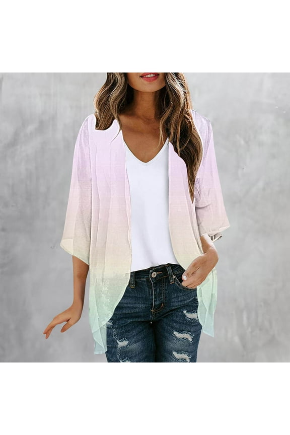 Cardigan for Women Chiffon Kimono Open Front Outwear Summer 3/4 Sleeve Loose Fit Cardigans Casual Lightweight Breathable Beach Cover Ups Pink XXL