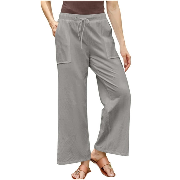 VEKDONE Casual Linen Pants Women Elastic Waisted Drawstring Wide Leg Pants Summer Loose Fit Plus Size Straight Trousers with Pockets Lounge Long Pants Gray XXXXXL