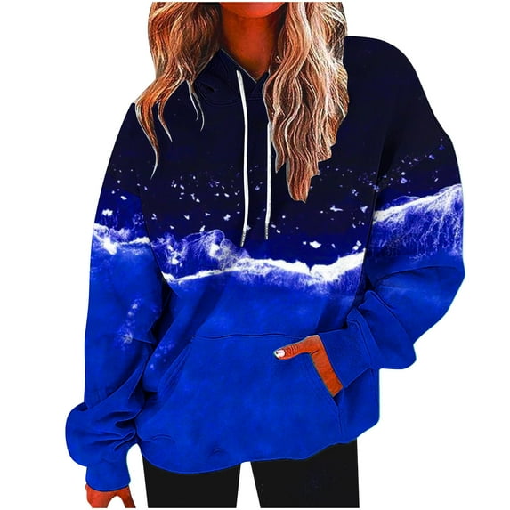 VEKDONE Casual Print Hoodie Sweatshirts for Women 2025 Clearance Sale Fall Long Sleeve Drawstring Blouse with Pockets Oversized Loose Fit Pullover Top Dark Blue M