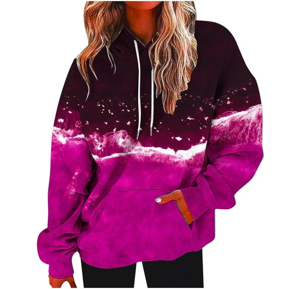 VEKDONE Casual Print Hoodie Sweatshirts for Women 2025 Clearance Sale Fall Long Sleeve Drawstring Blouse with Pockets Oversized Loose Fit Pullover Top Hot Pink S