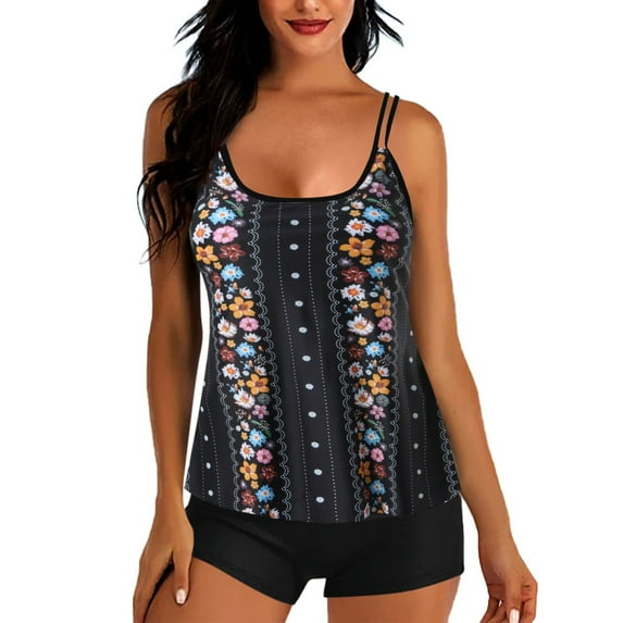 VEKDONE Casual Print Swimsuit for Women 2025 Clearance Strap Tankini Bathing Suit 2 Piece Casual Holiday Beach Swimwear with High Waisted Short Pants Black XXL