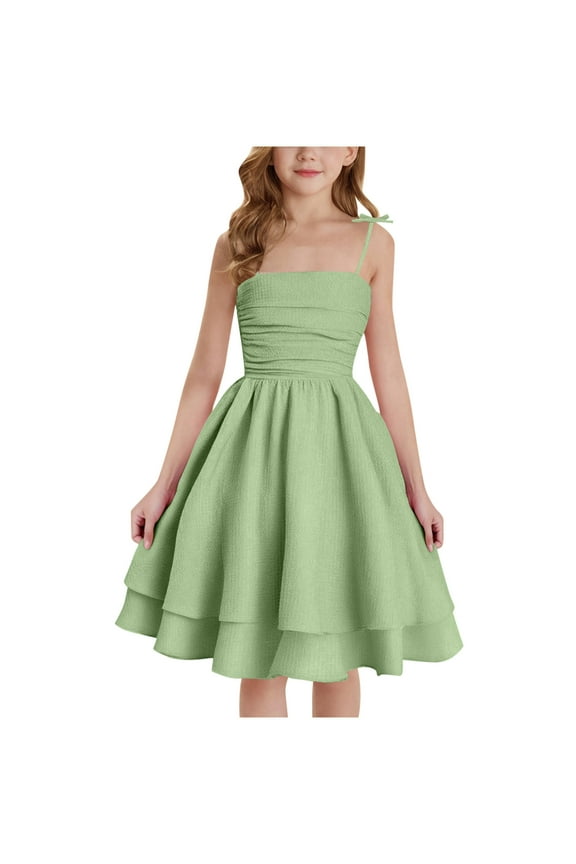 Children's Summer Solid Color Casual Sleeveless Round-Neck Dress For Kids Pleated Flowy Spaghetti Straps Party Dresses