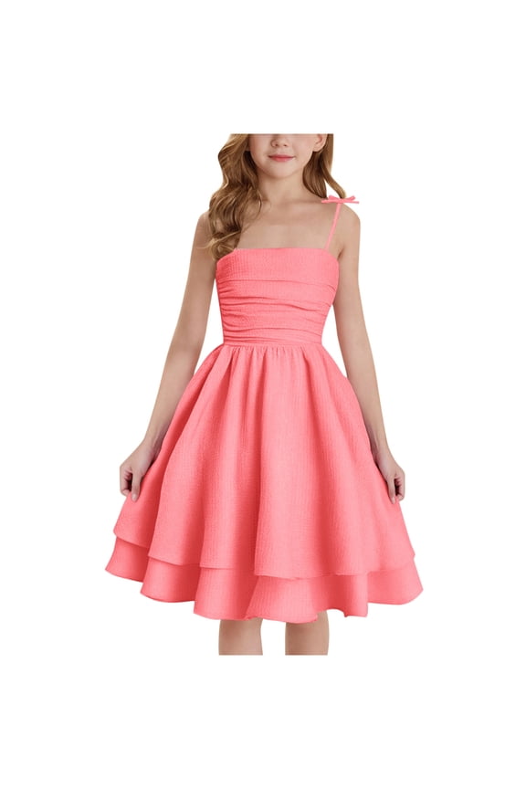 Children's Summer Solid Color Casual Sleeveless Round-Neck Dress For Kids Pleated Flowy Spaghetti Straps Party Dresses