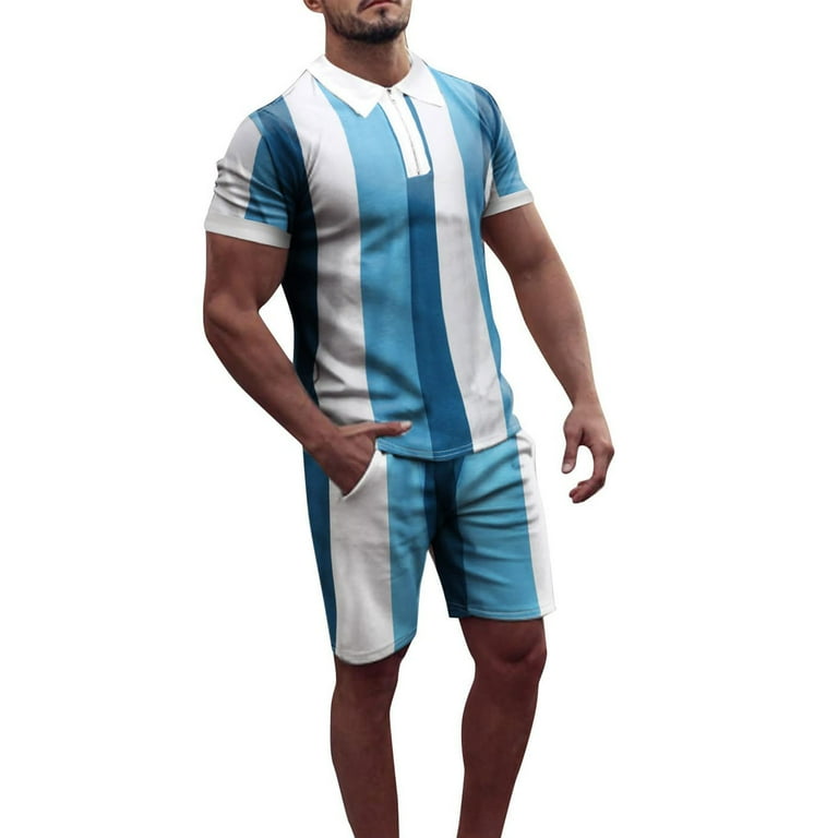 VEKDONE Clearance 2024 Men s Polo Shirt and Shorts Set Striped 2