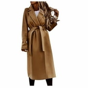 VEKDONE Clearance 2024 Women Elegant Notched Collar Solid Color Mid-Length Double Breasted Slim Fit Wool Blend Trench Pea Coat Overcoat Khaki M