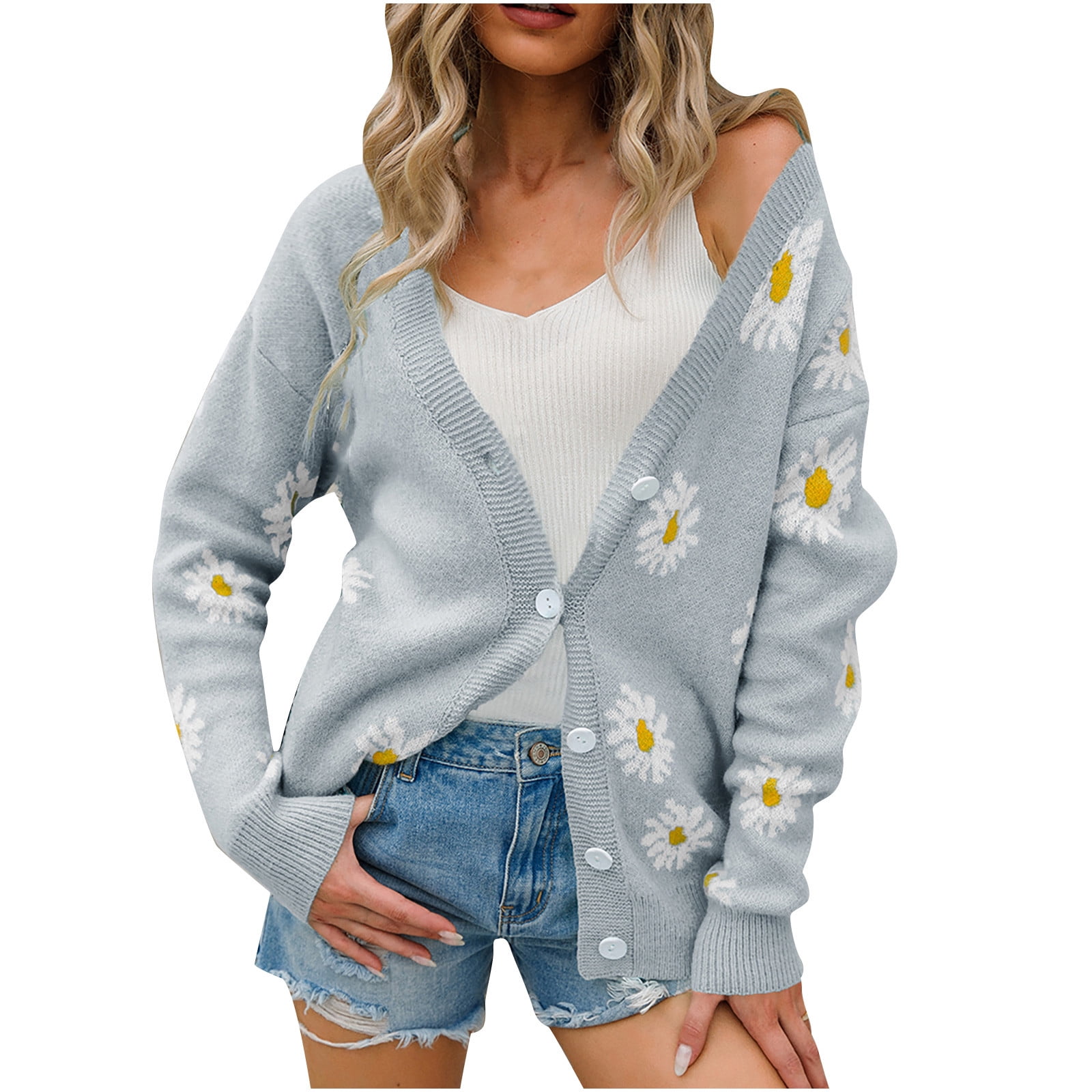 VEKDONE Clearance 2023 Women Knit Cardigan Sweater Long Sleeve V Neck  Cropped Loose Casual Sweater Open Front Button Floral Knitwear Coat 