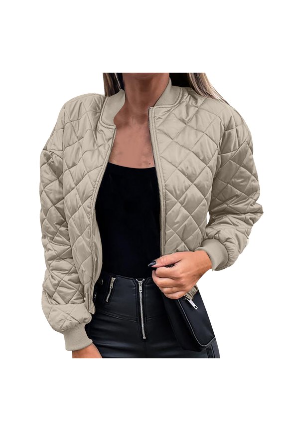 Clearance 2023 Women's Quilted Jacket Long Sleeve Zip up Bomber Jacket Outwear,Bomber Jackets for Women Cropped Cardigan Down Jacket