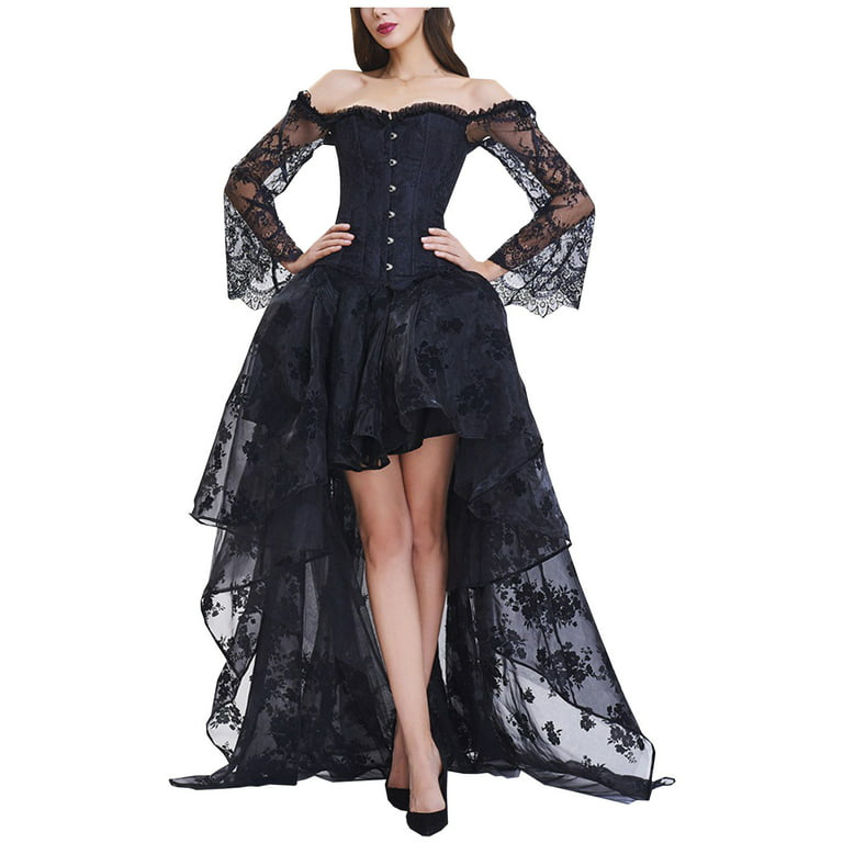 VEKDONE Clearance 2023 Women's Sexy 2Pcs Off Shoulder Lace Sleeve Court  Corset Irregular Goth Dress Two-Piece Halloween Costume Outfit,2 Pieces  Victorian Medieval Dresses for Women 