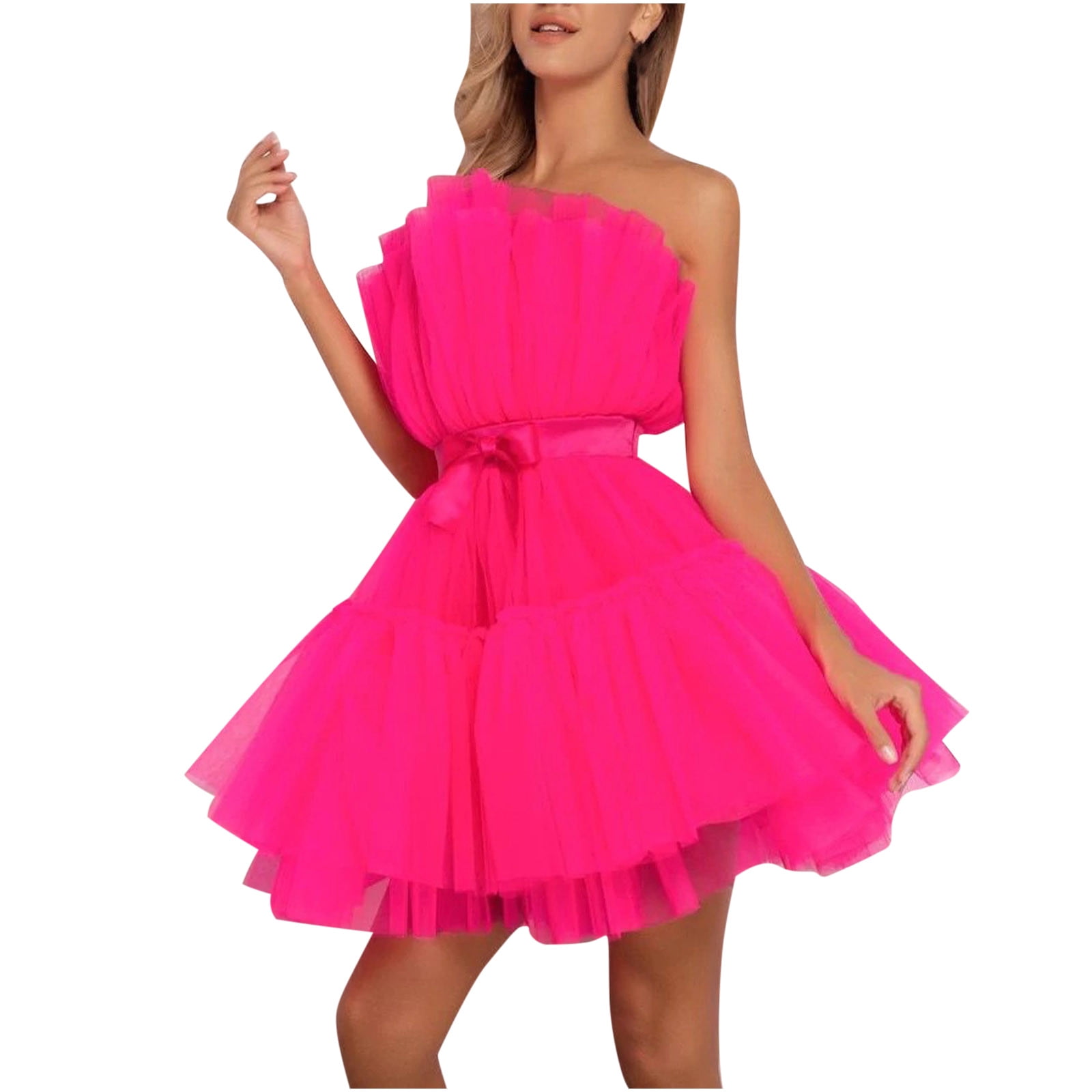 Tulle Dress Women Short Puffy Prom Dress Strapless Mesh Birthday Fairy Dresses Ruffle Party Poofy Gown Photoshoot Semi Formal Dresses for Women