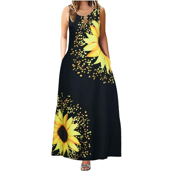VEKDONE Clearance 2024 Women Sleeveless Cotton-Linen Long Dress with Pockets Summer Bohemian Travel Beach Sun Dresses, Hawaiian Dresses For Women