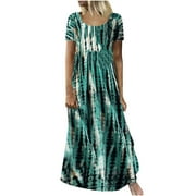 VEKDONE Clearance 2024 Women's Short Sleeve Loose Long Maxi Lounge Dress Plus Size Summer Becah Casual Empire Waist Flowy Dress, Hawaiian Dresses For Women