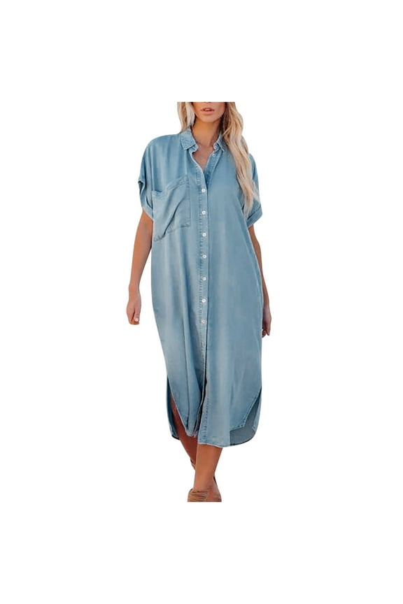 Women Denim Shirt Dresses Short Sleeve Distressed Jean Dress Long Skirt Button Down Casual Tunic Top, Hawaiian Dresses For Women