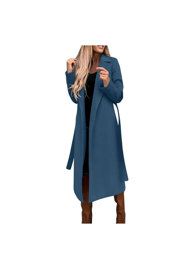 2026 Women Elegant Notched Collar Solid Color Mid-Length Double Breasted Slim Fit Wool Blend Trench Pea Coat Overcoat Dark Blue S