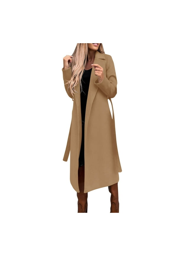 2026 Women Elegant Notched Collar Solid Color Mid-Length Double Breasted Slim Fit Wool Blend Trench Pea Coat Overcoat Khaki XL