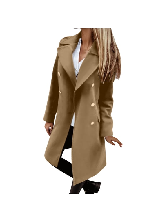 Clearance 2025 Women Elegant Notched Collar Solid Color Mid-Length Double Breasted Slim Fit Wool Blend Trench Pea Coat Overcoat Khaki XXL