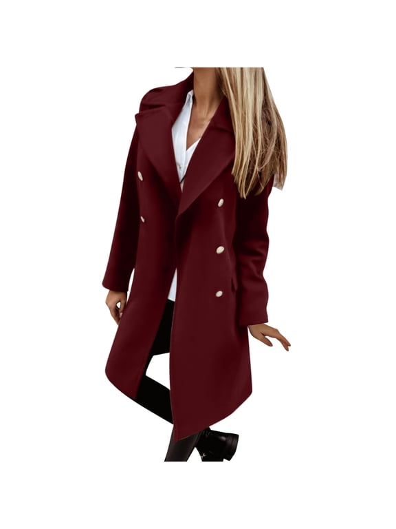 Clearance 2025 Women Elegant Notched Collar Solid Color Mid-Length Double Breasted Slim Fit Wool Blend Trench Pea Coat Overcoat Wine M