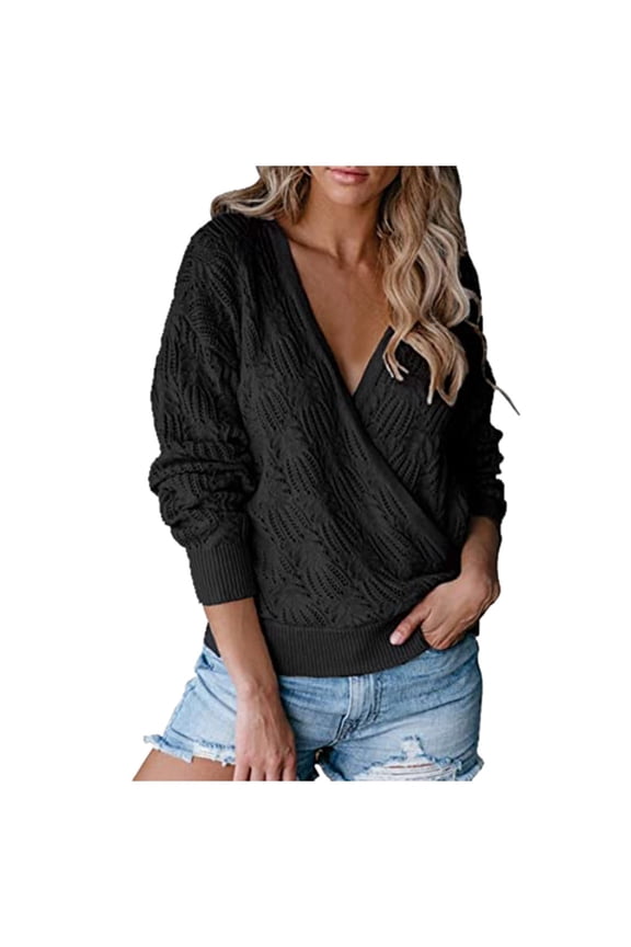 Clearance 2025 Womens Knitted Deep V Neck Wrap Sweaters Long Sleeve Crochet Knit Wrap Front Loose Pullover Sweater Tops