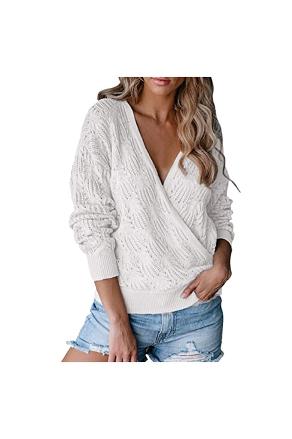2026 Womens Knitted Deep V Neck Wrap Sweaters Long Sleeve Crochet Knit Wrap Front Loose Pullover Sweater Tops