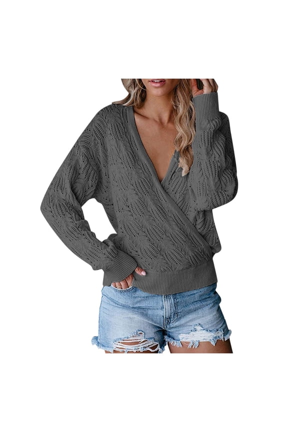 2026 Womens Knitted Deep V Neck Wrap Sweaters Long Sleeve Crochet Knit Wrap Front Loose Pullover Sweater Tunics Tops