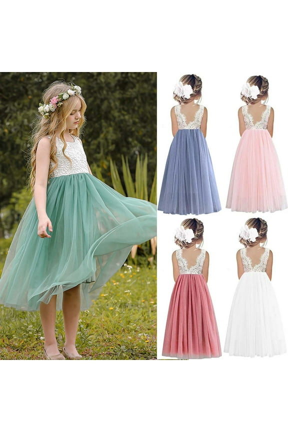 Baby Girl Tulle Dress Toddler Sleeveless Lace V-Back Pleated Gown Flower Girl Wedding Birthday Party Dresses Homecoming Dresses October Gift for Child Size 6-7 Years