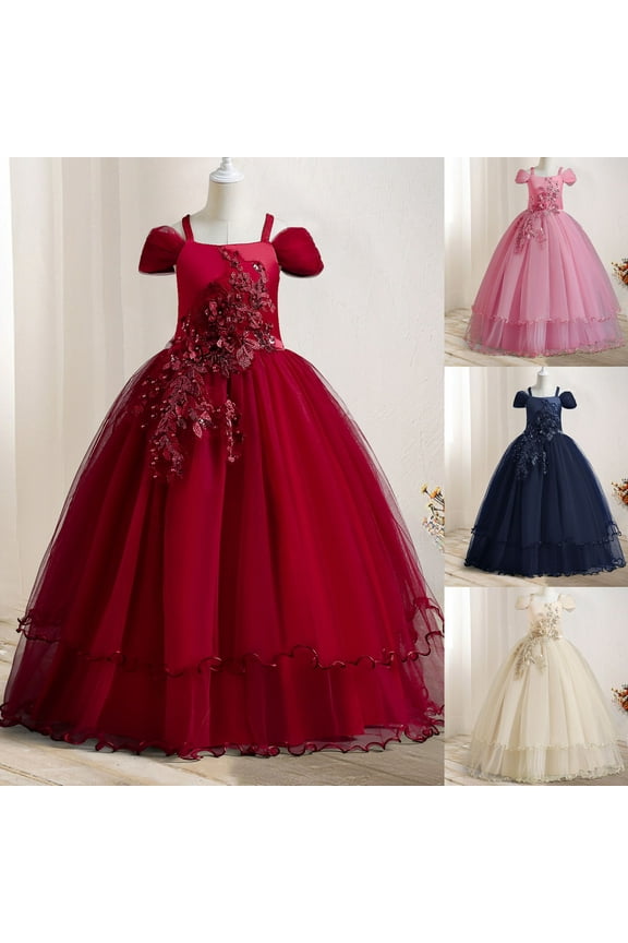 Flower Girl Tulle Dress Toddler Kids Mesh Layered Princess Dress Fashion Floral Applique Party Puff Dresses Hand-Picked Gift for Toddler Size 11-12Years