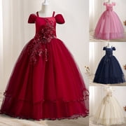 VEKDONE Flower Girl Tulle Dress Toddler Kids Mesh Layered Princess Dress Fashion Floral Applique Party Puff Dresses Size 7-8Years